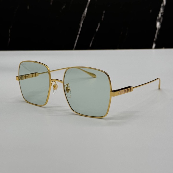 NEW GG1434S 003 GUCCI GOLD GREEN SQUARE METAL WOMEN GUCCI SUNGLASSES - Picture 3 of 13